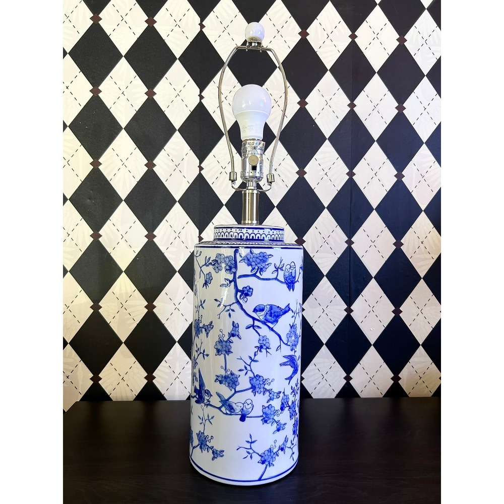 Tall Blue White Chinoiserie Table Lamp Ceramic Bird Floral Ginger Jar 25.5" - Picture 14 of 15
